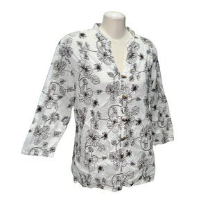 Charter Club Womens White & Black Floral Embroidered Cotton Button-Down Blouse S